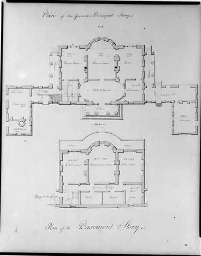 [Houses and a church (Buildings Erected or Proposed to be Built in Virginia"). Basement and principle story floor plan]"