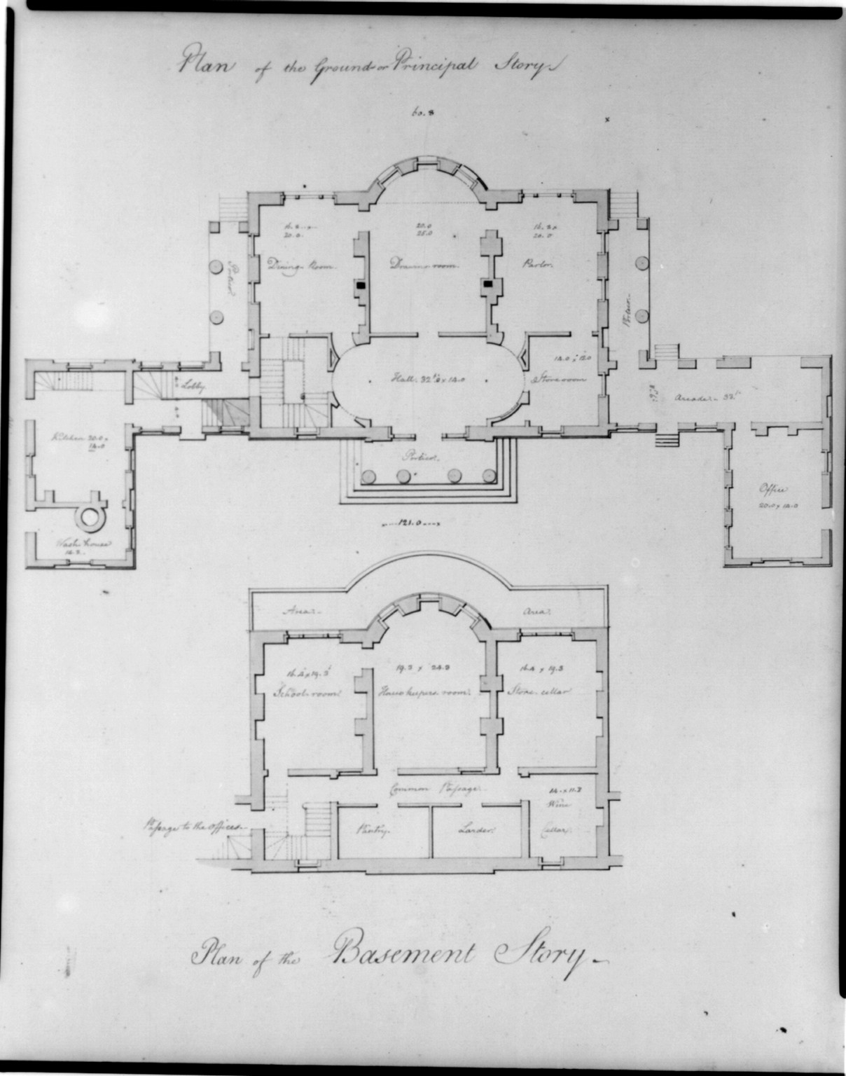 [Houses and a church (Buildings Erected or Proposed to be Built in Virginia"). Basement and principle story floor plan]", [between 1795 and 1799] — historic drawing