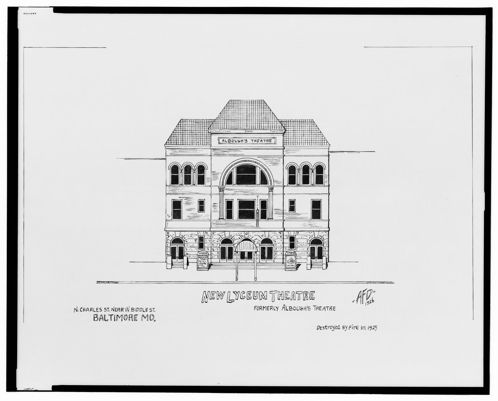 [New Lyceum Theatre (Albough's Theatre), N. Charles St. near W. Biddle St., Baltimore, Maryland] / AFD 1926., And Engineering (ADE) Drawings — vintage poster