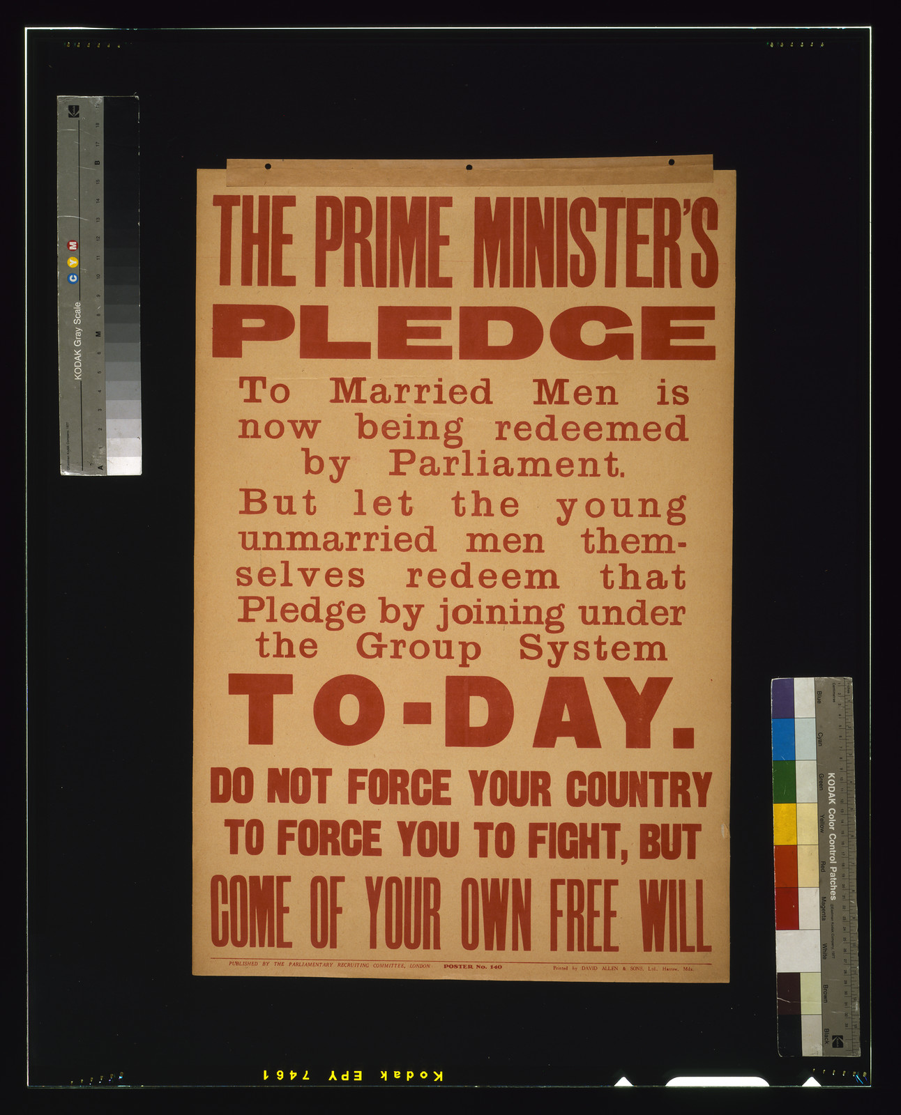 The prime minister's pledge to married men is now being redeemed by parliament / printed by David Allen & Sons, Ltd., Harrow, Mdx., London : Parliamentary Recruiting Committee, [1916] — vintage poster