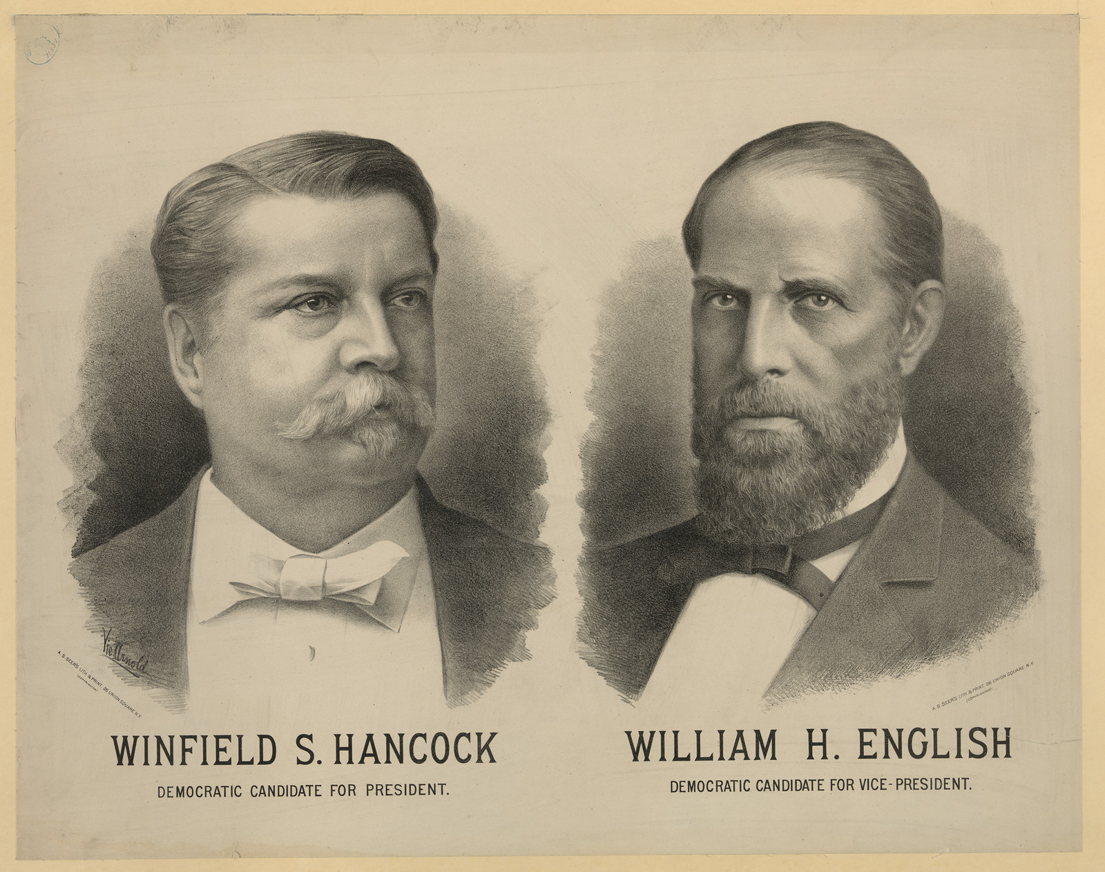 Campaign lithograph portraits of Winfield S. Hancock and William H. English — antique lithograph