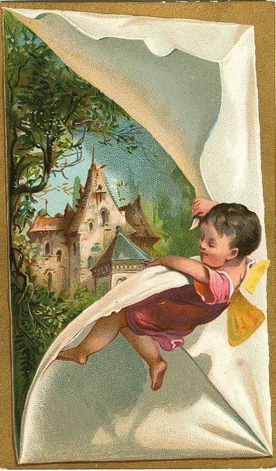 Winged fairy child beside a castle in a folded paper frame