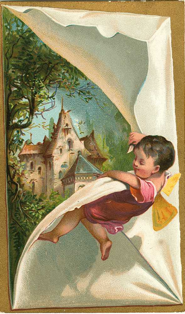 Winged fairy child beside a castle in a folded paper frame — historic image