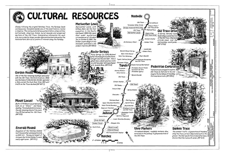 Natchez Trace Parkway Cultural Resources map — antique map