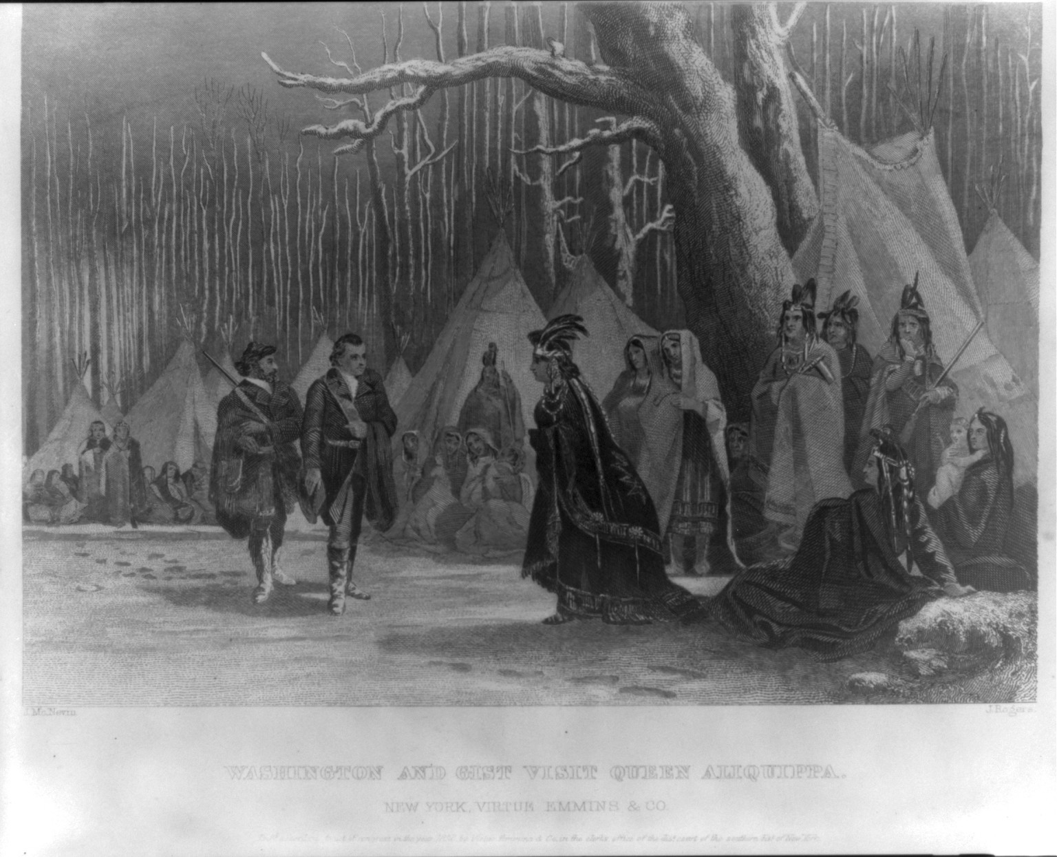 Washington and Gist visit Queen Aliquippa [1754] — antique engraving