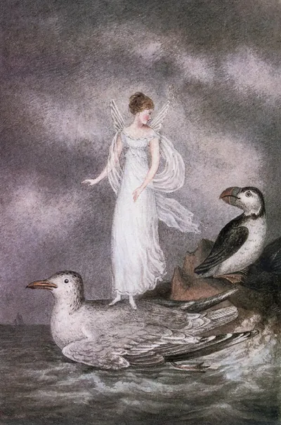 Winged fairy standing on a gull above a stormy sea