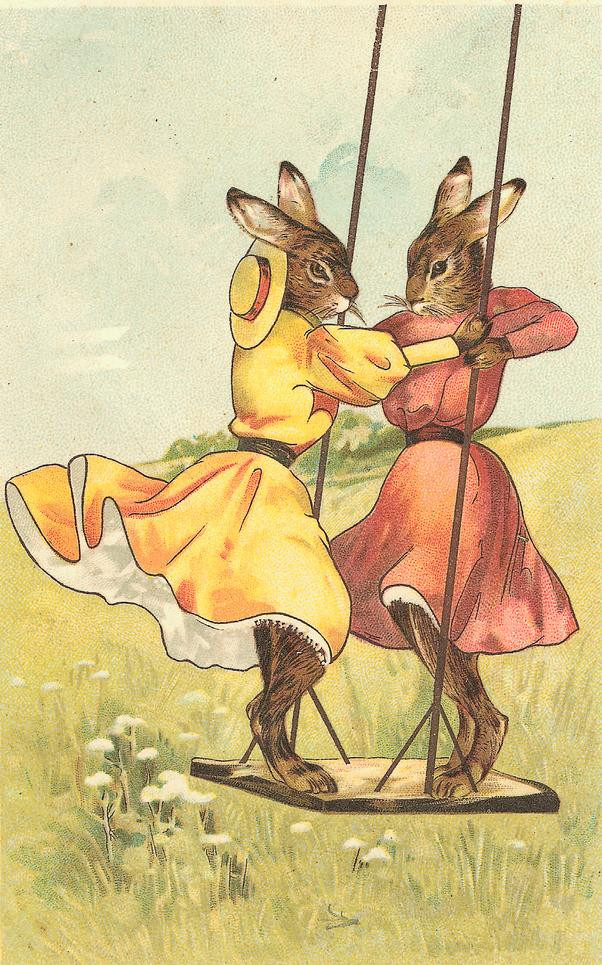 Two anthropomorphic rabbits in dresses on a swing — historic image