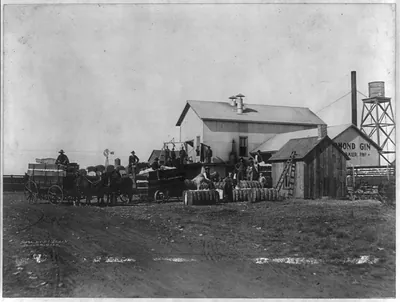 [Men with bales of cotton, horses and wagons, in front of cotton gin, Edmond, Okla.]