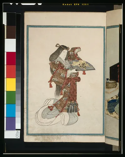 Woman holding a fan in patterned kimono, Japanese print