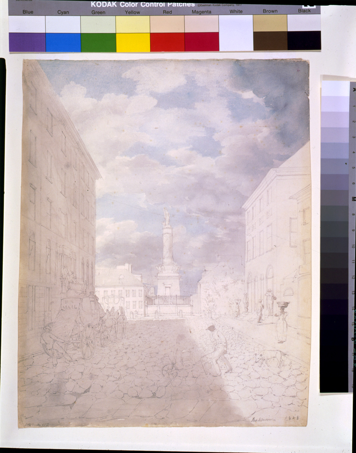 View of the Battle Monument, Baltimore, 1828 — historic drawing