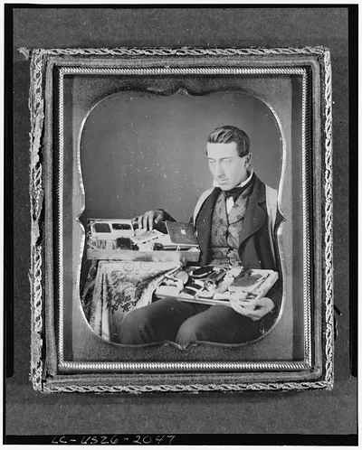 Daguerreotype of a seated man with a tray of cases