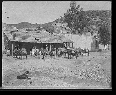 [Mule caravan at town, Mexico]