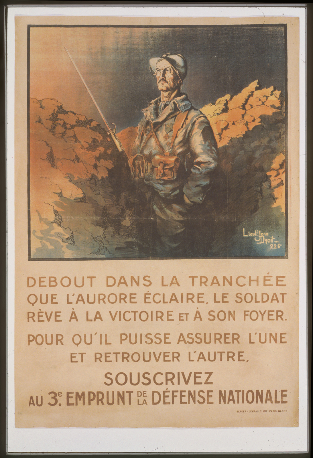 Debout dans la trancheacutee que laurore eacuteclaire le soldat reacuteve aacute la victoire et aacute son foyer. Souscrivez au 3e Emprunt de la Deacutefense Nationale, 1917 — vintage poster