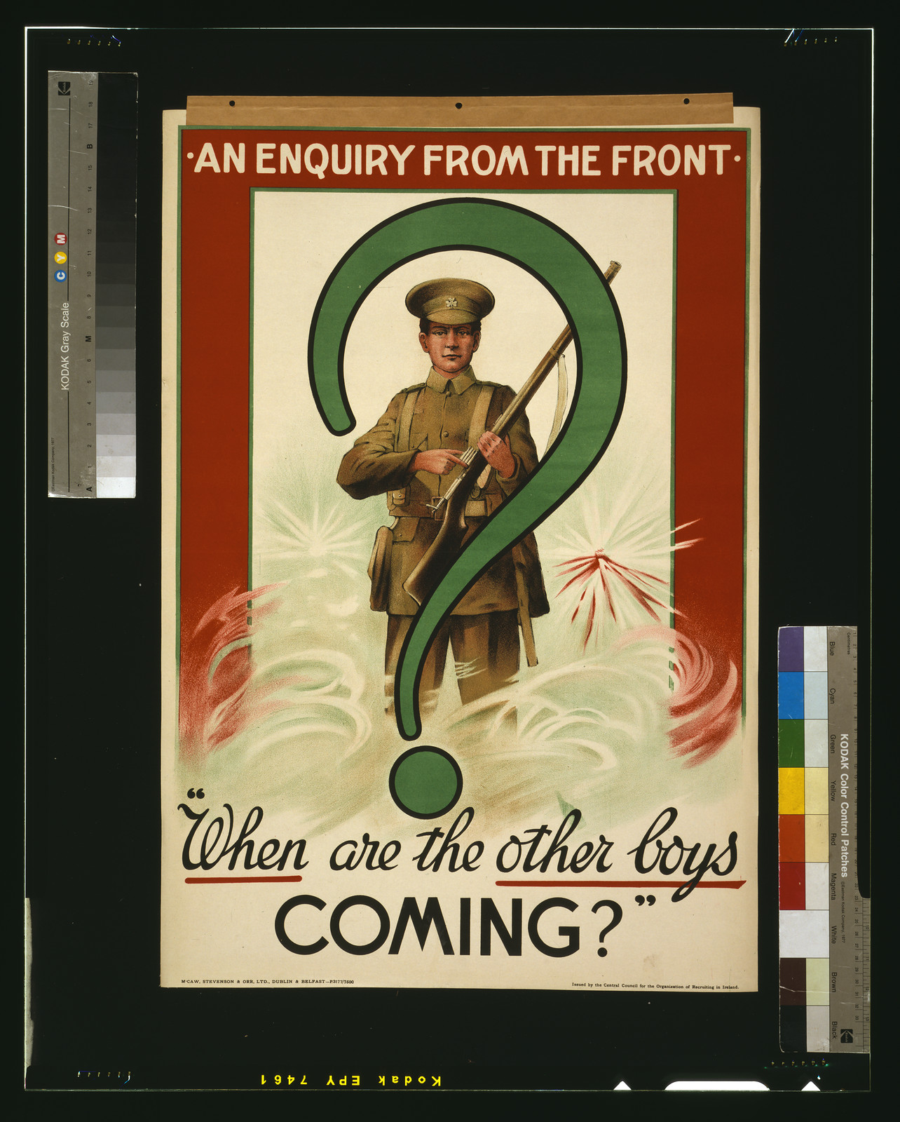 An enquiry from the front / M'Caw, Stevenson & Orr, Ltd., Dublin & Belfast., [Dublin] : Central Council for the Organization of Recruiting in Ireland, [1915] — vintage poster