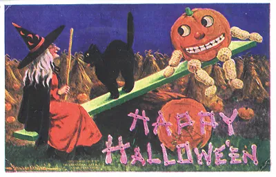 Happy Halloween postcard with witch, black cat and pumpkins