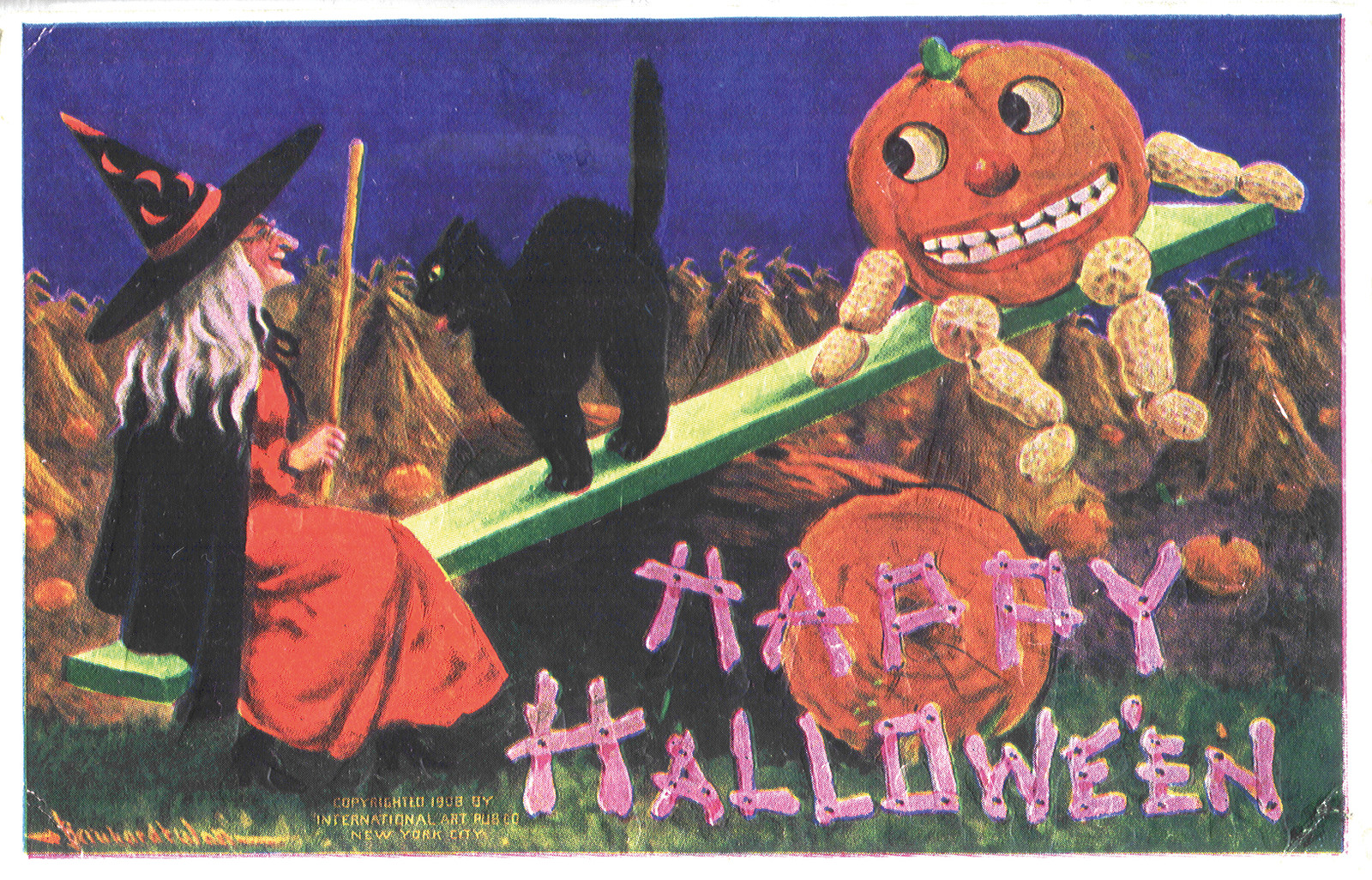 Happy Halloween postcard with witch, black cat and pumpkins — vintage postcard