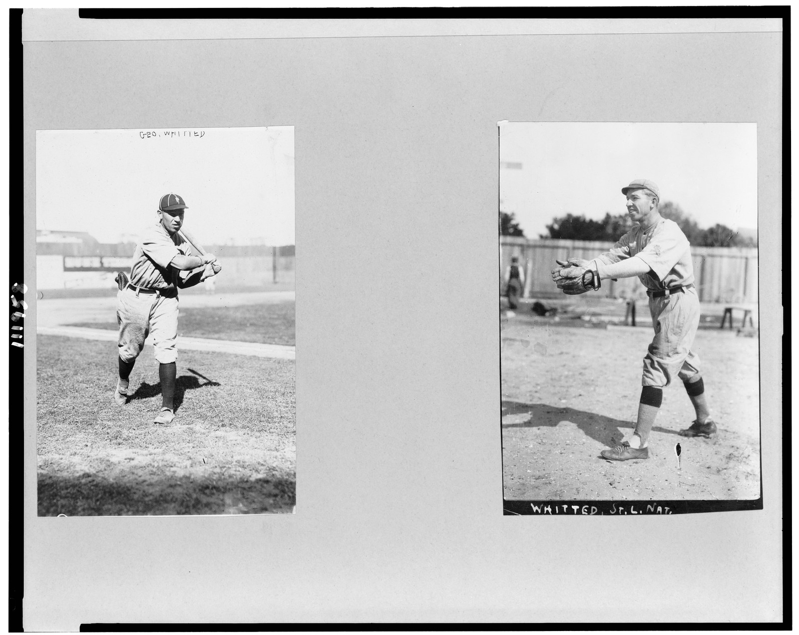 [George Bostic Whitted, baseball player for St. Louis and Philadelphia, full-length, facing right, swinging bat; and full-length, facing left, catching ball], [1914 and 1915]. — historic photograph
