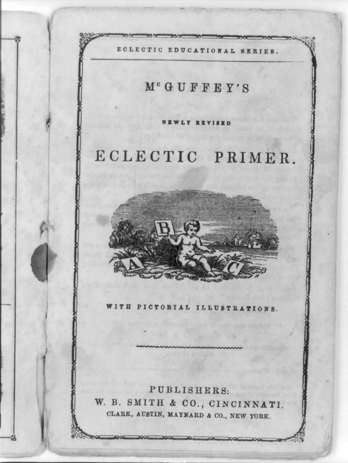 [McGuffey's Eclectic Primer (Cincinnati, 1849), title page, showing child playing with A,B,C] — historic print
