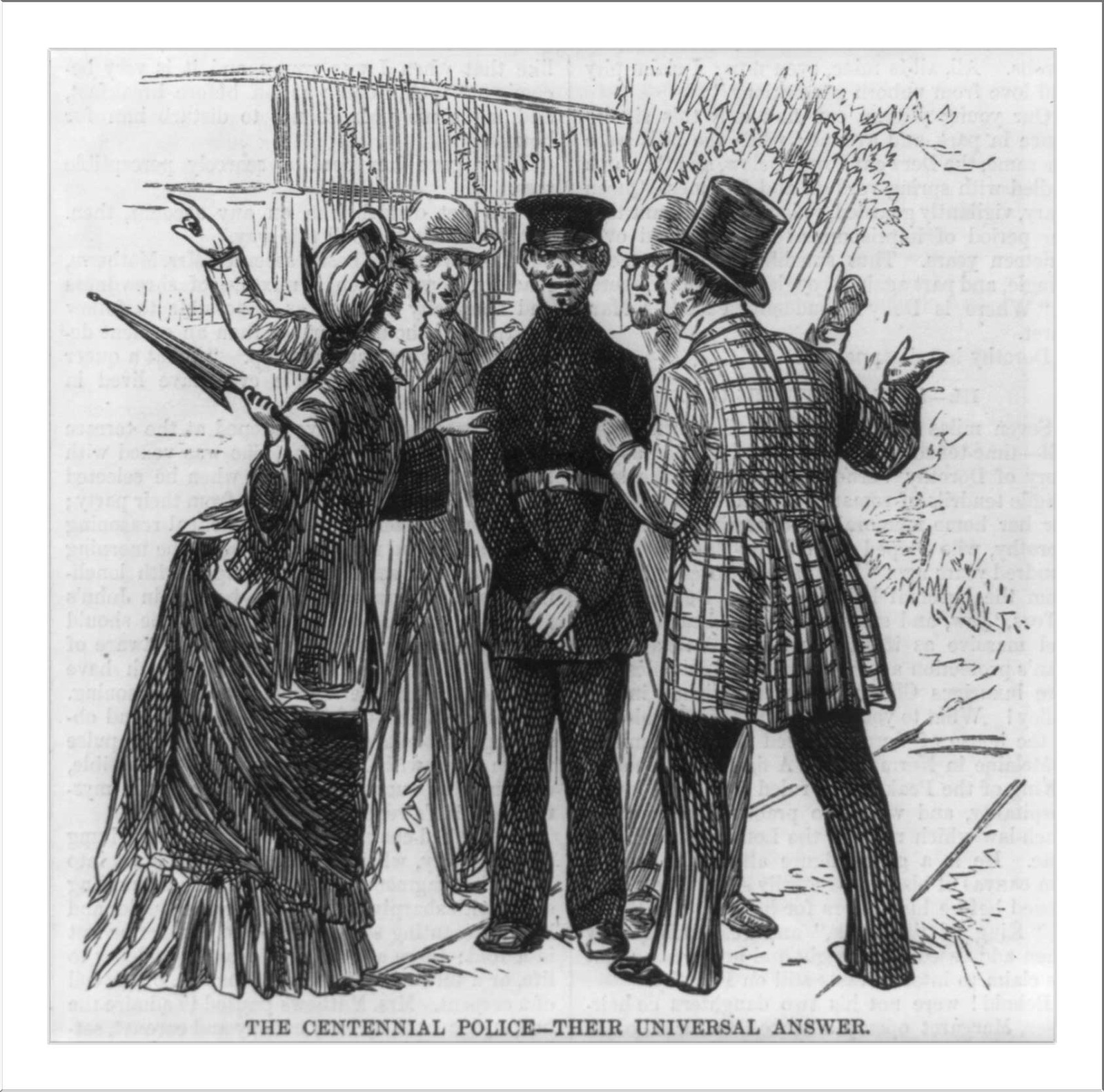 The Centennial Police - Their universal answer, 1876 — antique engraving