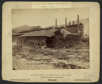 Ruins of Cambria Iron Mills from stone bridge P.R.R., Johnstown Flood, May 31st, 1889
