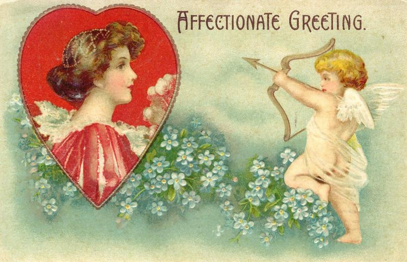 Affectionate Greeting valentine card with cupid and heart — historic image