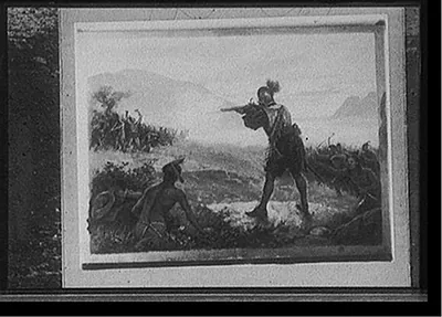 [European man in metal helmet firing on Indians while other Indians watch]