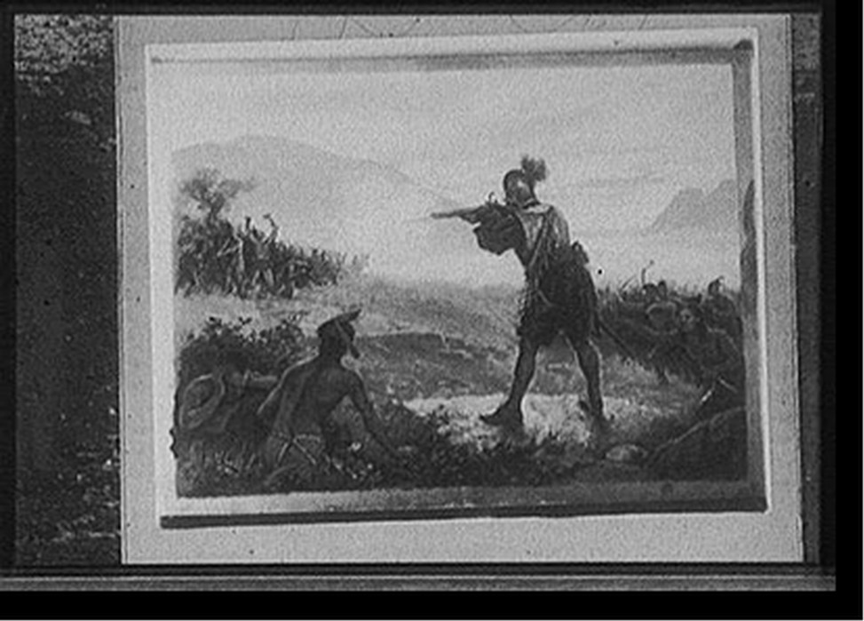 [European man in metal helmet firing on Indians while other Indians watch], [between 1910 and 1930] — historic photograph