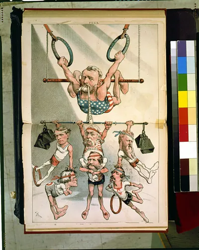 Puck magazine cartoon of gymnasts labeled Third Term