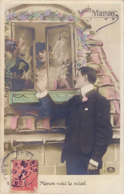 Manon voici le soleil" hand-colored romantic postcard