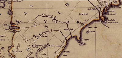 Map of the New England coast showing Kennebunk, Biddeford and Wells