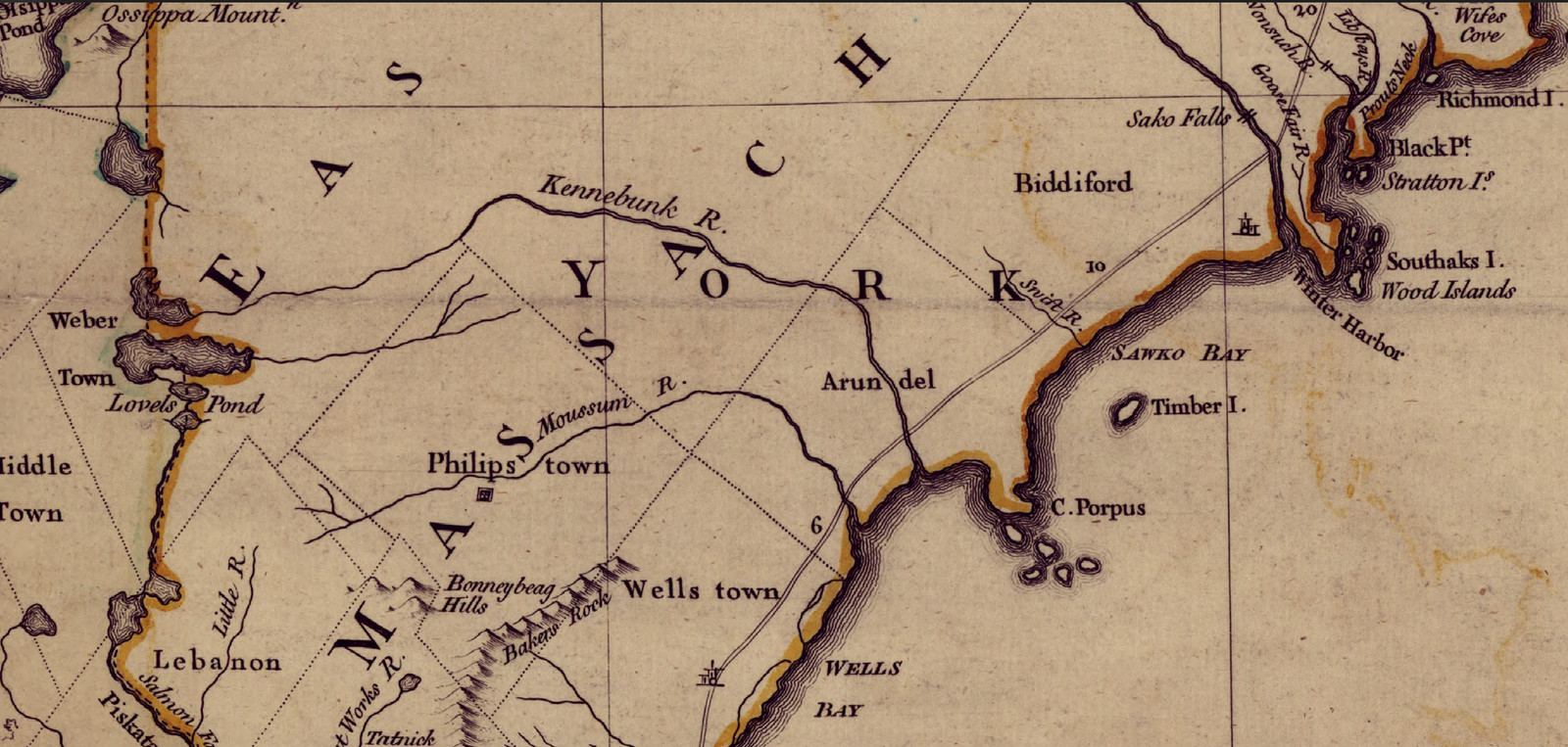 Map of the New England coast showing Kennebunk, Biddeford and Wells — antique map