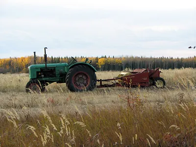 Green tractor pulling red New Holland baler through tall autumn grass