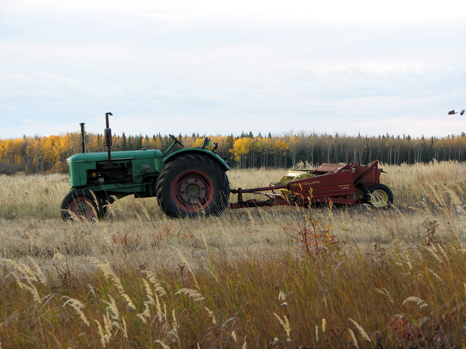 Green tractor pulling red New Holland baler through tall autumn grass — historic image