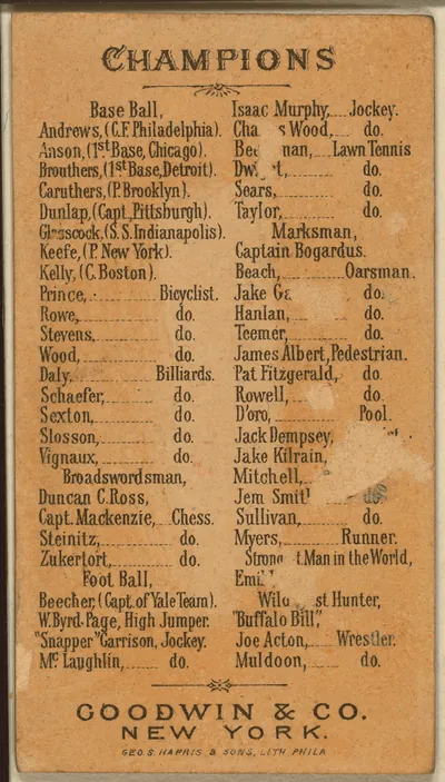 Champions sports list card, Goodwin & Co., New York