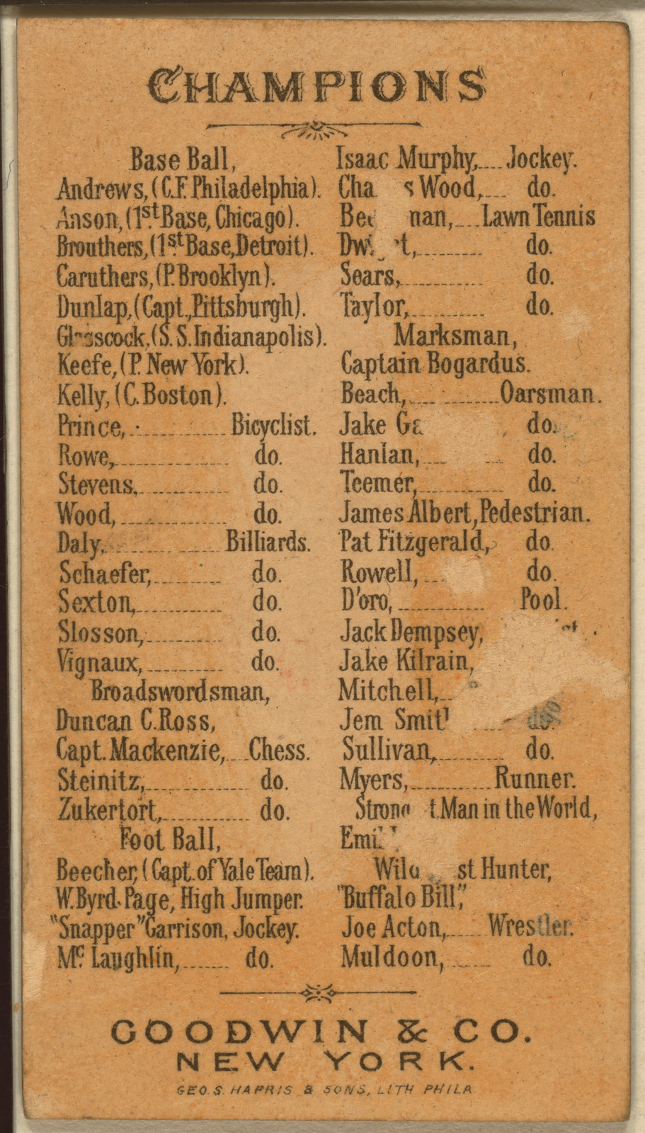Champions sports list card, Goodwin & Co., New York — historic image