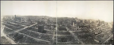 Panoramic aerial view of ruins of San Francisco from captive balloon