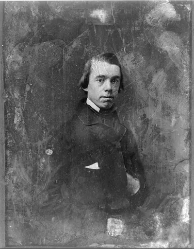 [Thomas Starr King, half-length portrait, three-quarters to right, eyes front, with one hand in coat]