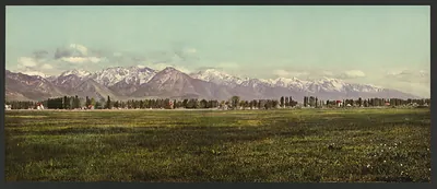 Snow-capped mountain range above a green valley meadow