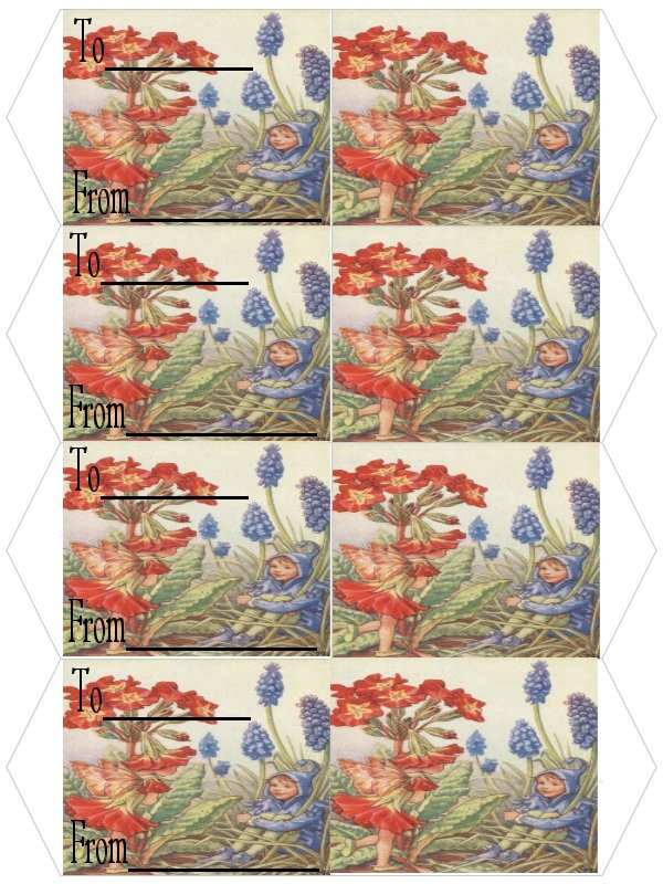 Flower fairy gift tags with To and From lines — historic image