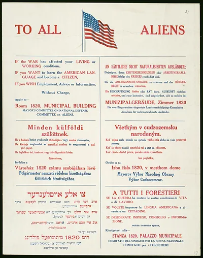 To All Aliens: multilingual notice about war-time services