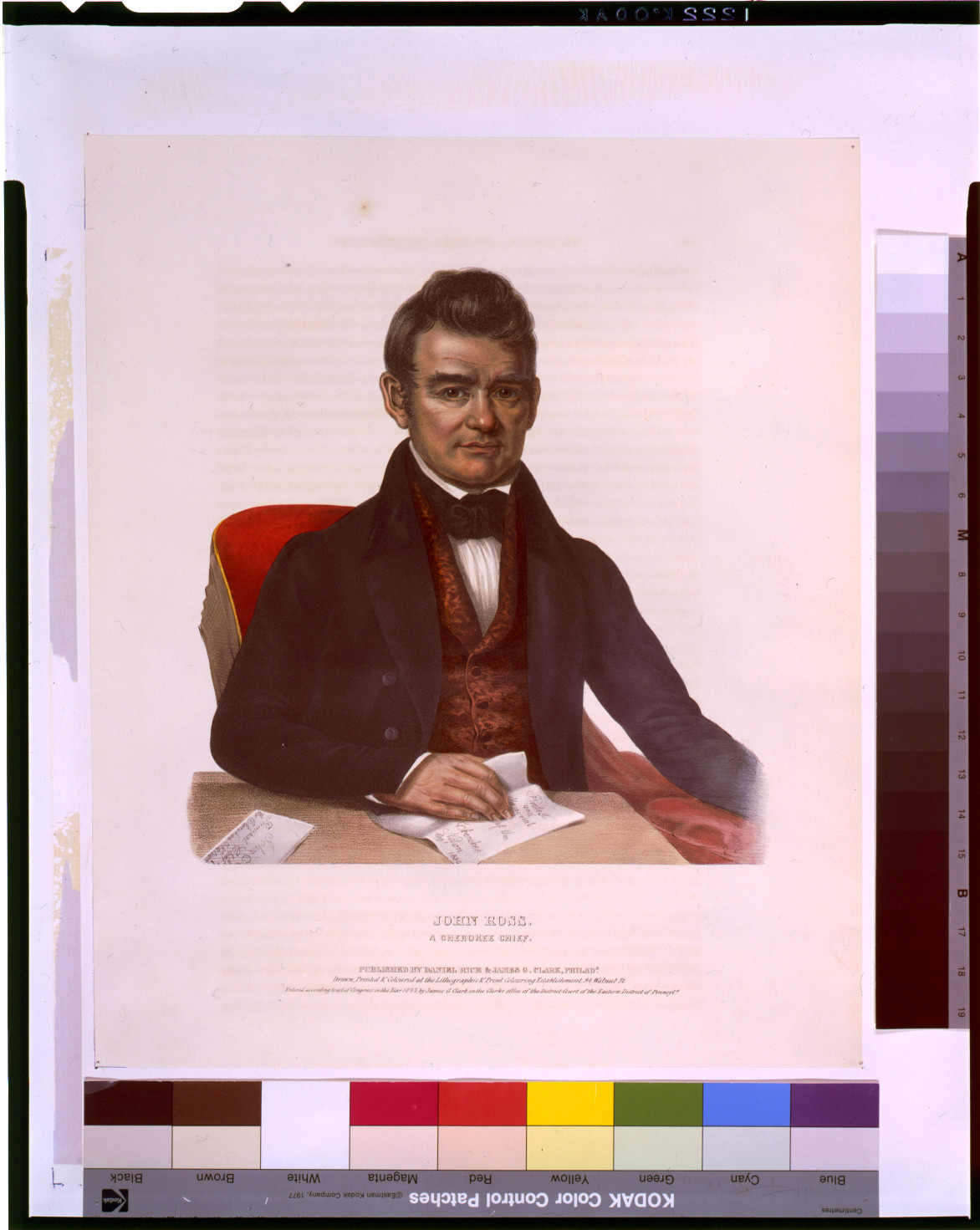 John Ross, a Cherokee chief / drawn, printed & coloured at the Lithographic & Print Colouring Establishment., Philada. : published by Daniel Rice & James G. Clark, c1843. — antique lithograph