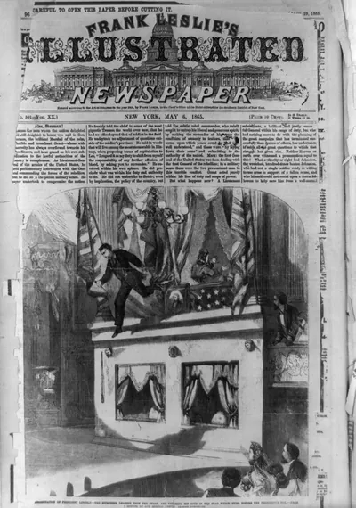 Assassination of President Lincoln - the murderer leaping upon the stage, and catching his spur in the flag which hung before the president's box