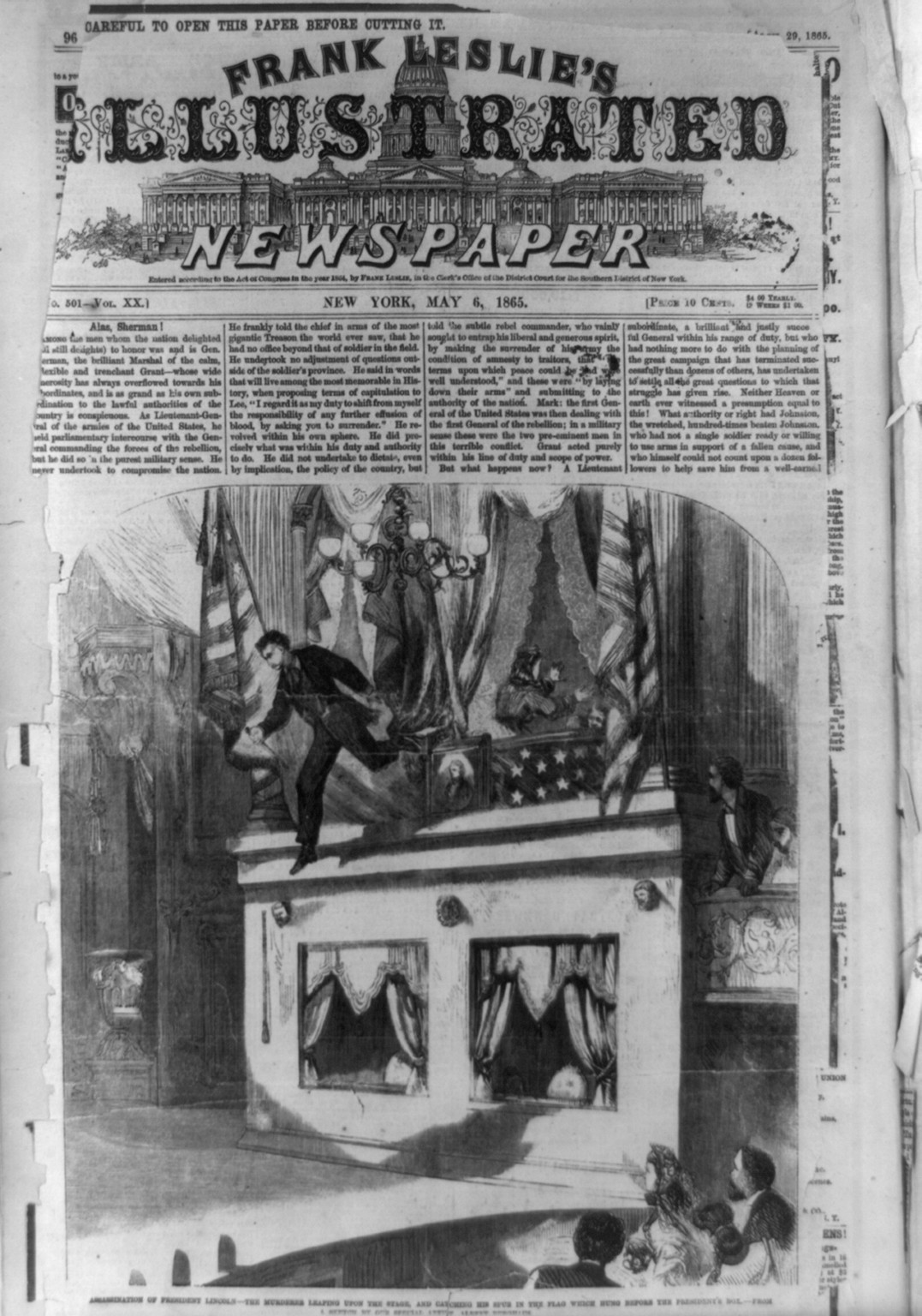 Assassination of President Lincoln - the murderer leaping upon the stage, and catching his spur in the flag which hung before the president's box, 1865 — antique engraving