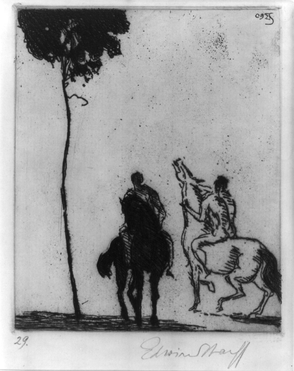 [Men on horseback, near a tree], 1909 — historic print