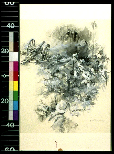 Battle scene with artillery and soldiers in pith helmets