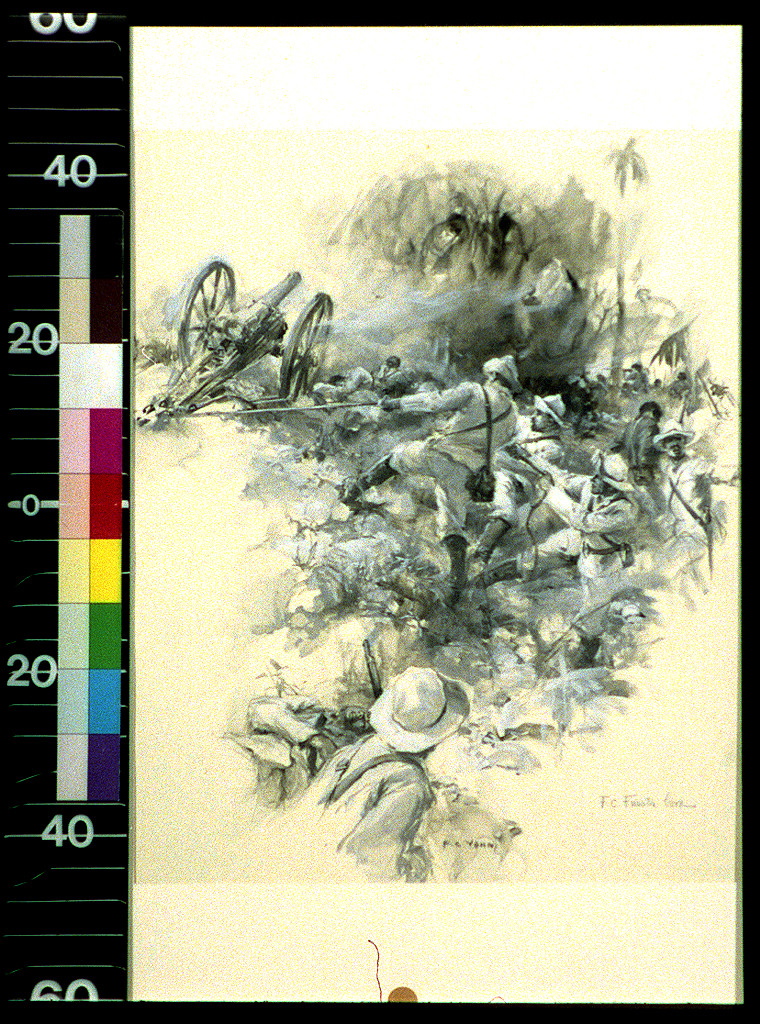 Battle scene with artillery and soldiers in pith helmets — historic image