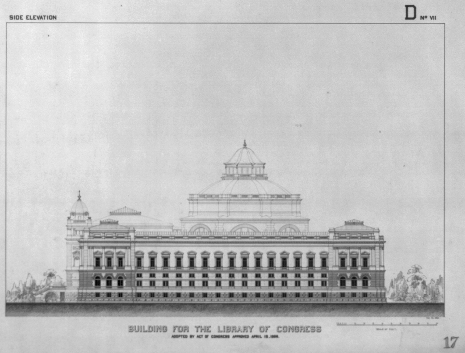 [Library of Congress, Washington, D.C. Side elevation, D series], and Engineering (ADE) Drawings" (http://www.loc.gov/rr/print/res/103_ade.html)." — historic drawing
