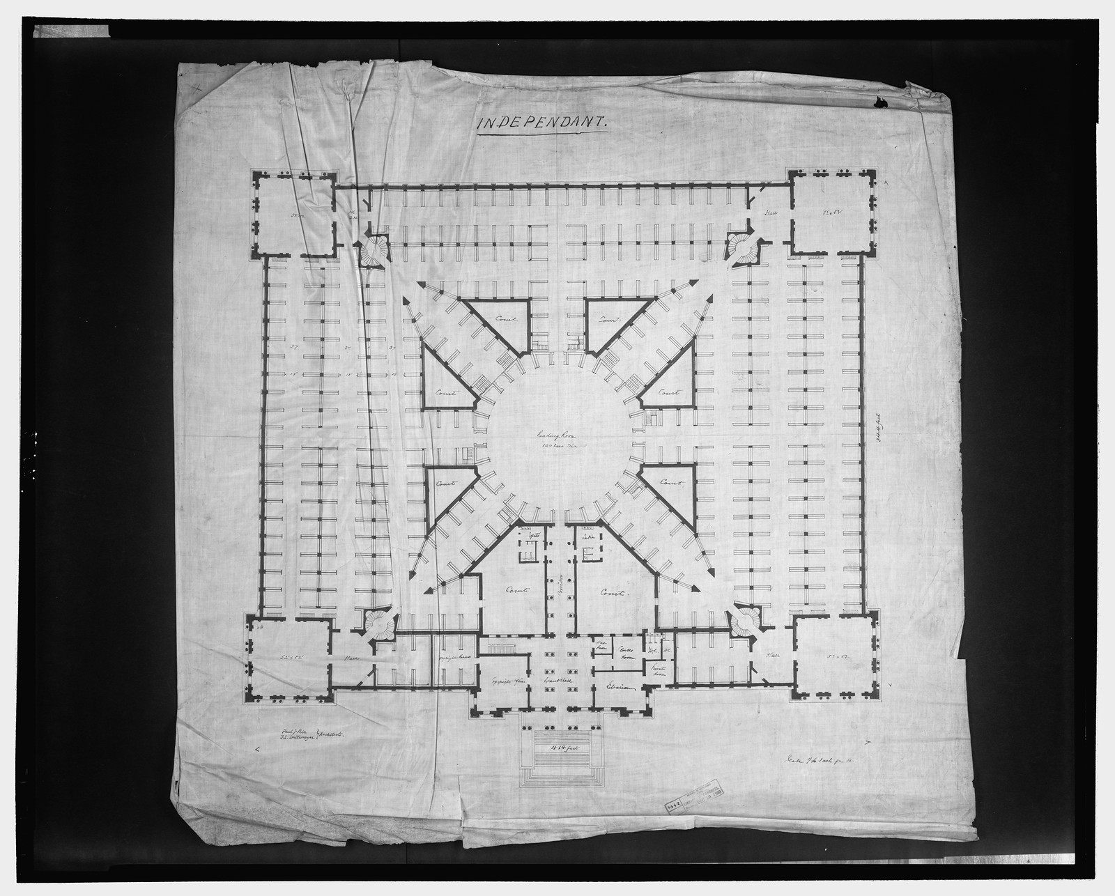 [Library of Congress, Washington, D.C. Floor plan], and Engineering (ADE) Drawings" (http://www.loc.gov/rr/print/res/103_ade.html)." — historic drawing