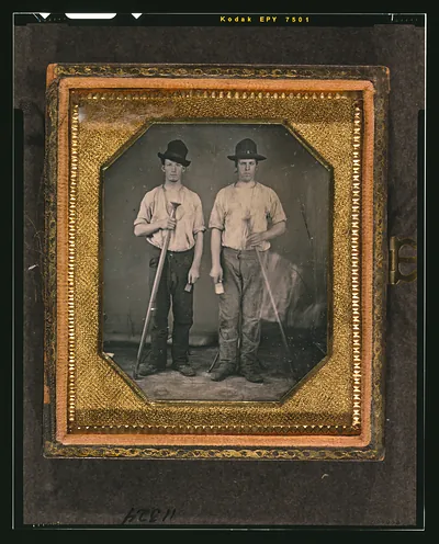Two men holding tools, cased daguerreotype portrait
