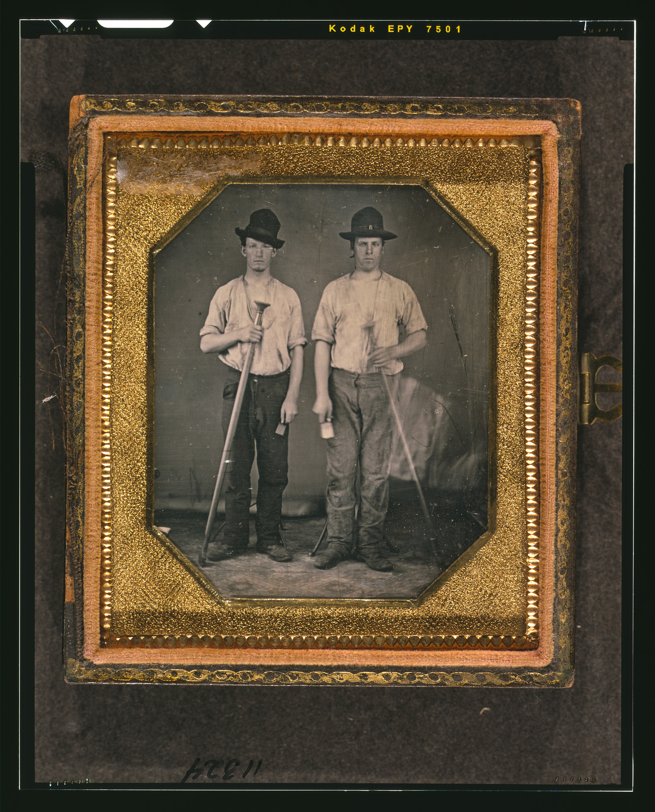 Two men holding tools, cased daguerreotype portrait, 1850 — historic photograph